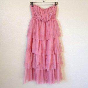Pink Strapless Tulle Layered Tiered Ruffle Midi Dress L
